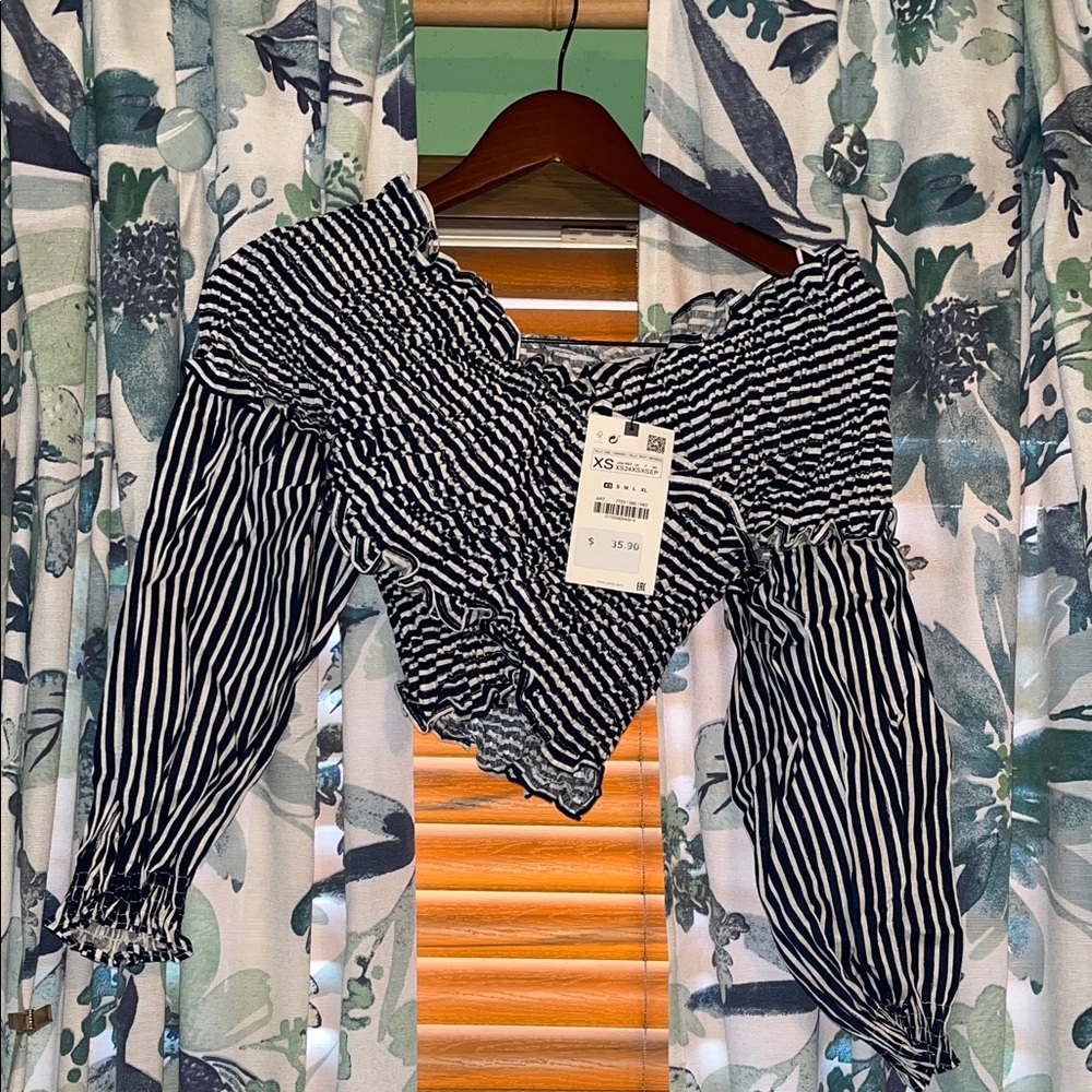 Zara Navy and White Striped Off-Shoulder Blouse